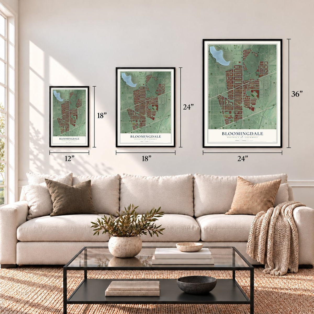 Bloomingdale, District of Columbia map in 12 x 18, 18 x 24 and 24 x 36 inch sizes above a sofa