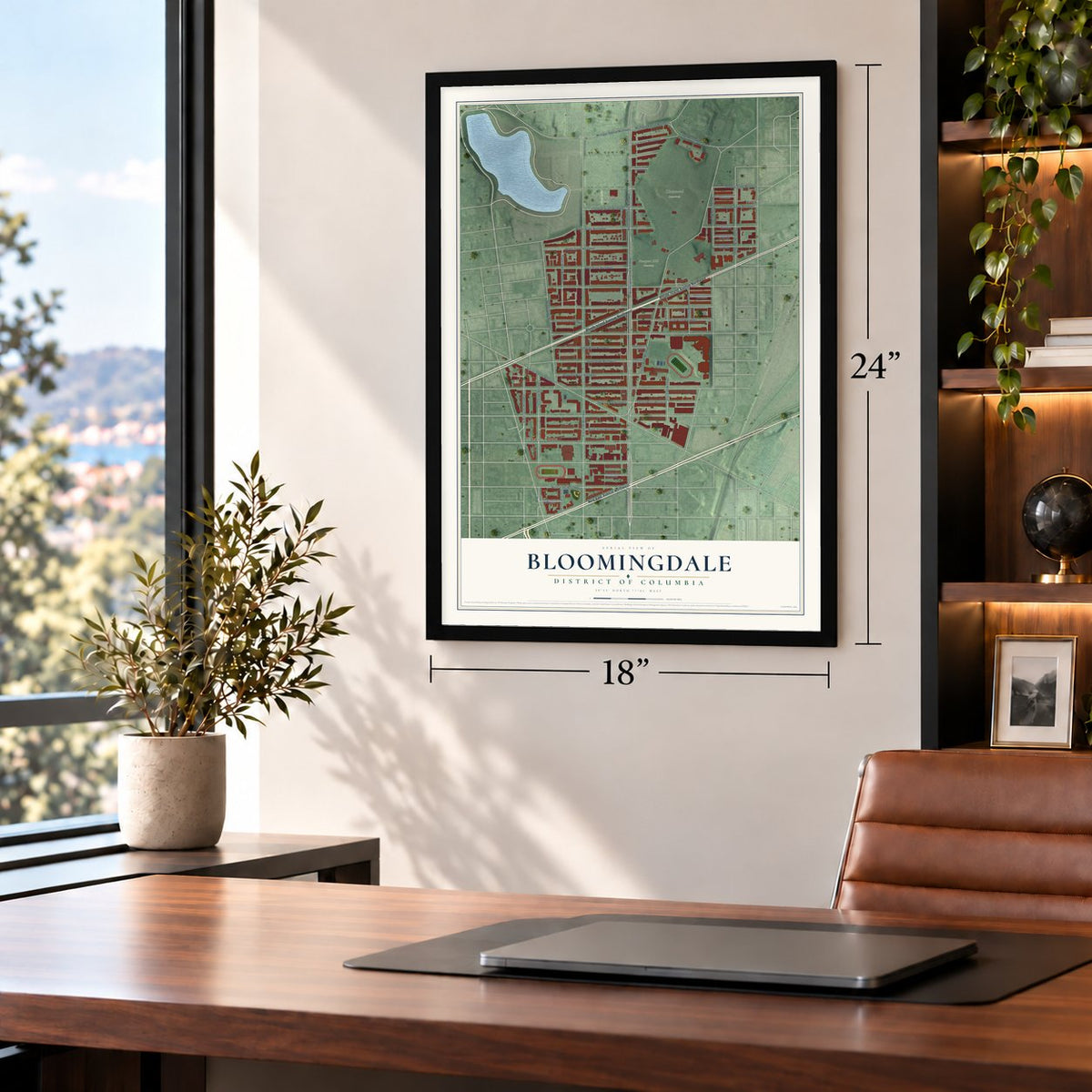 Bloomingdale, District of Columbia map, 18 x 24 inch print in a black frame in a home office