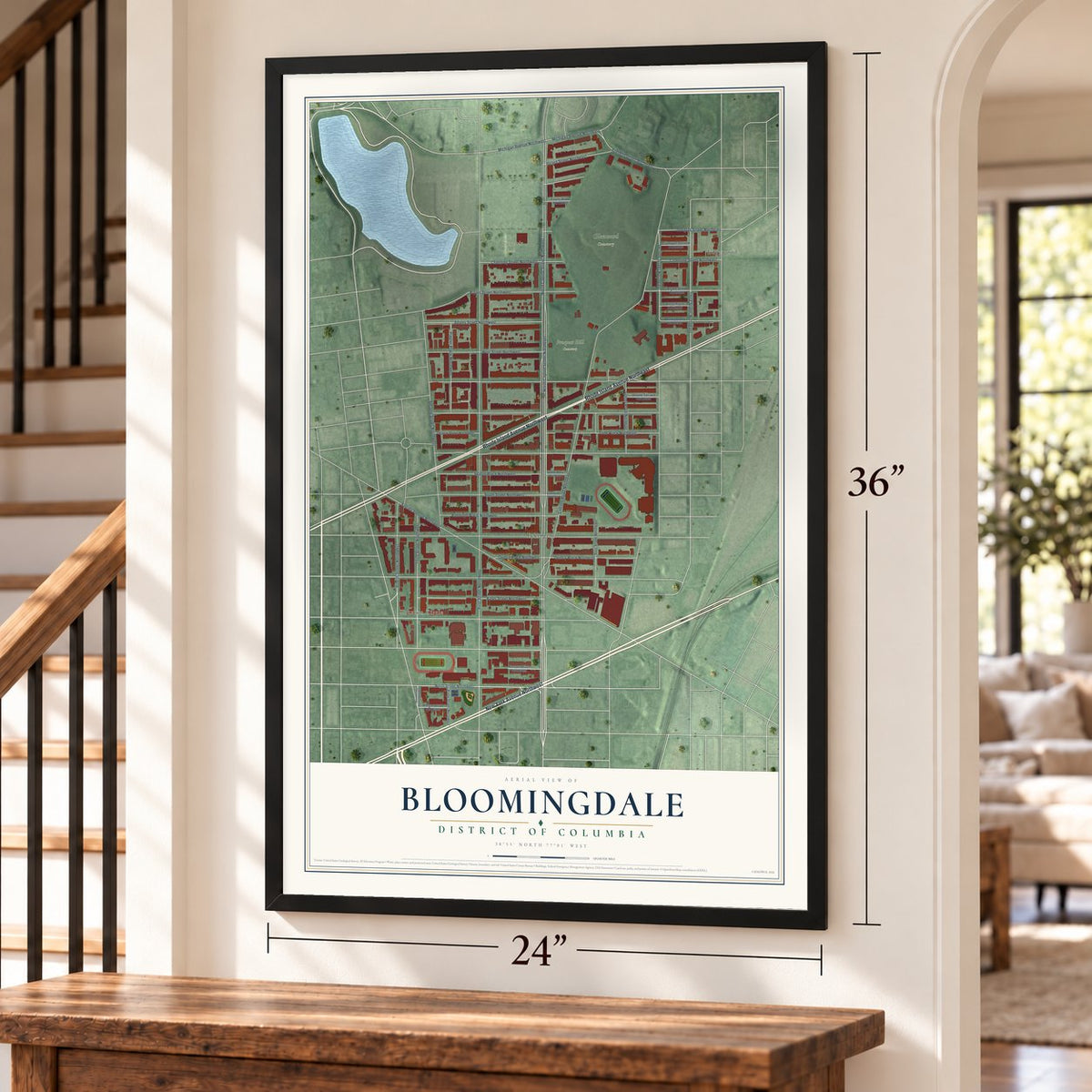 Bloomingdale, District of Columbia map, 24 x 36 inch print in a black frame by a staircase