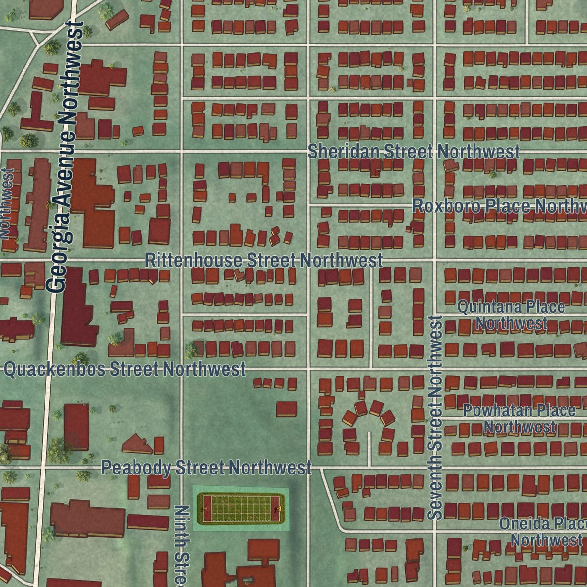 Close-up of the map of Brightwood, District of Columbia print showing street and building detail
