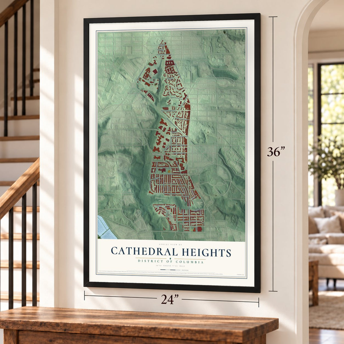 Cathedral Heights, District of Columbia map, 24 x 36 inch print in a black frame by a staircase