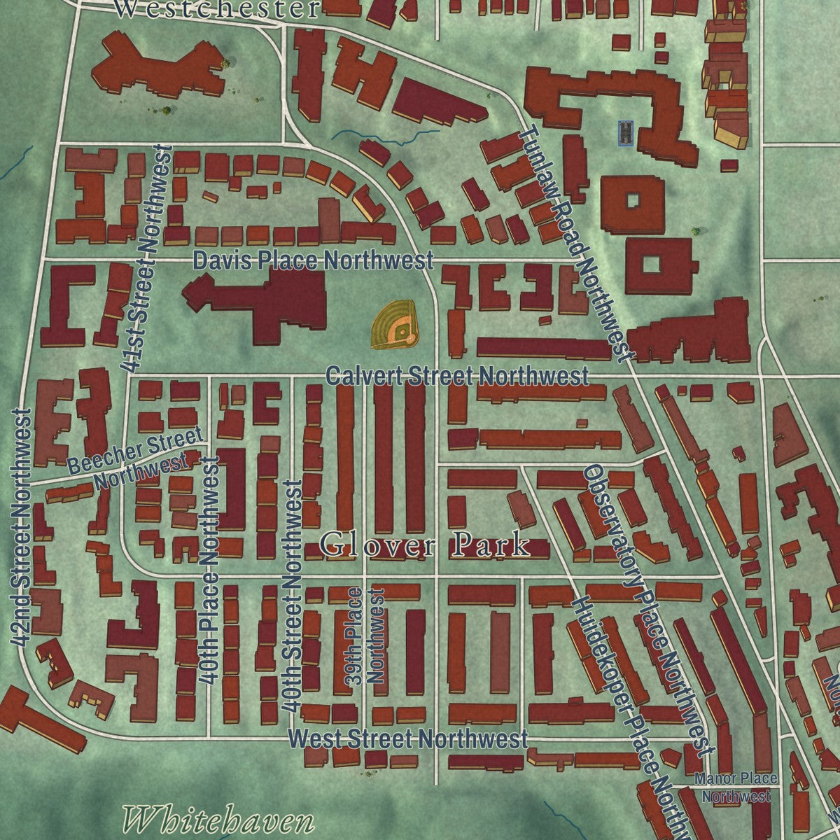 Close-up of the map of Cathedral Heights, District of Columbia print showing street and building detail