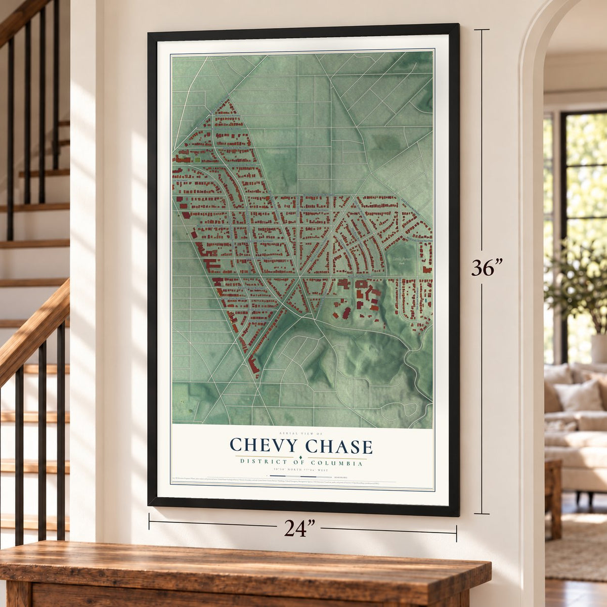 Chevy Chase, District of Columbia map, 24 x 36 inch print in a black frame by a staircase