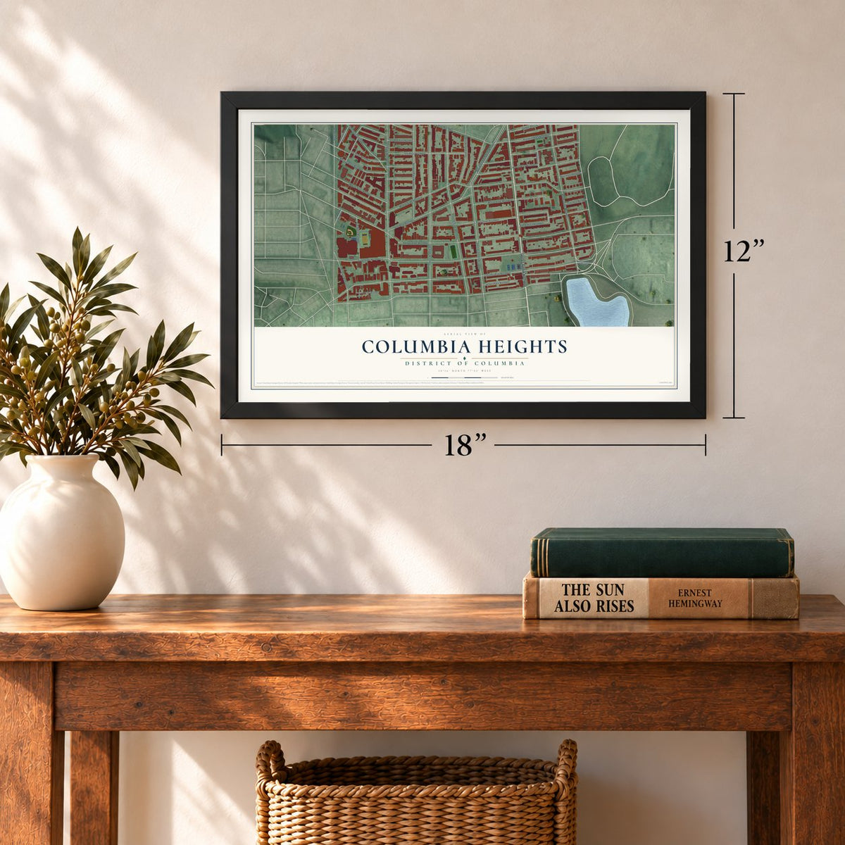 Columbia Heights, District of Columbia map, 12 x 18 inch print in a black frame in an entryway