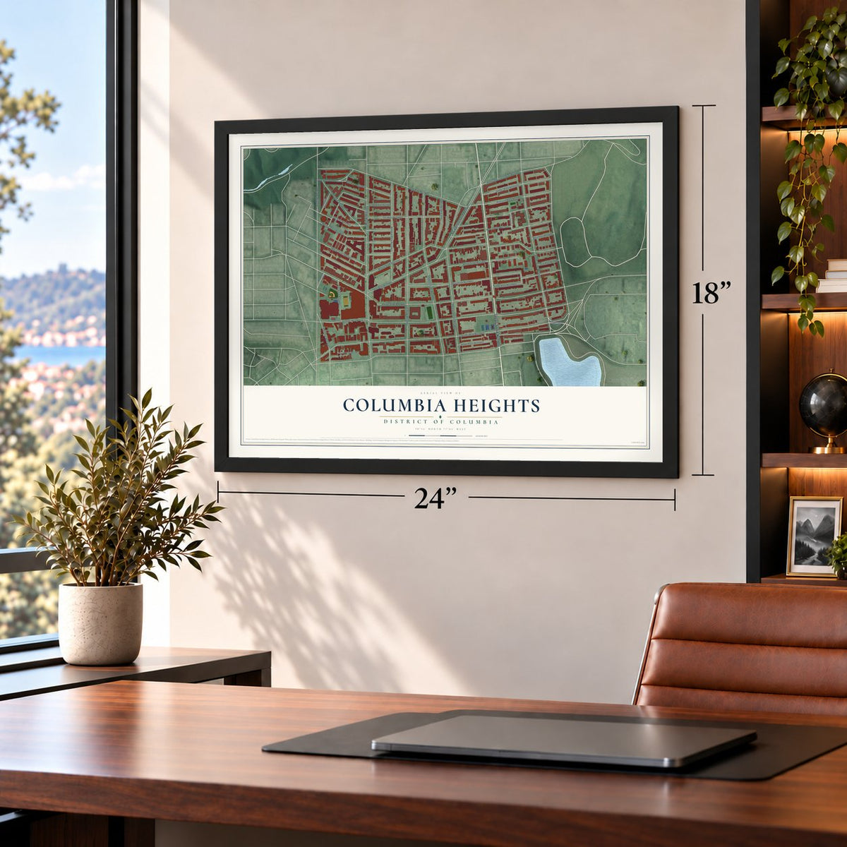 Columbia Heights, District of Columbia map, 18 x 24 inch print in a black frame in a home office