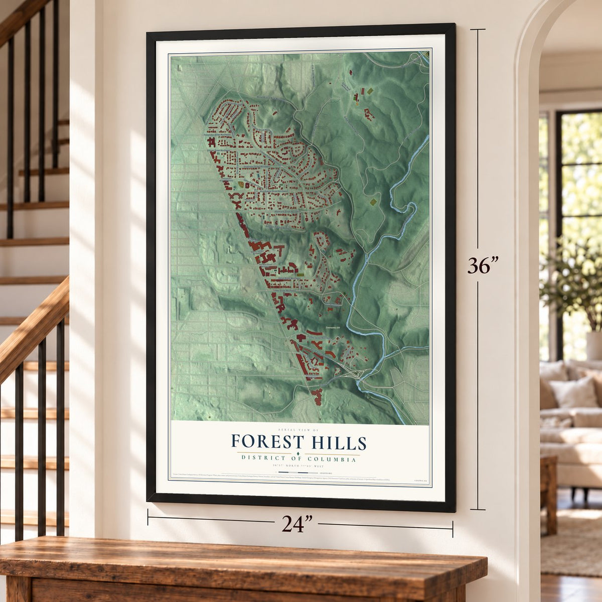 Forest Hills, District of Columbia map, 24 x 36 inch print in a black frame by a staircase