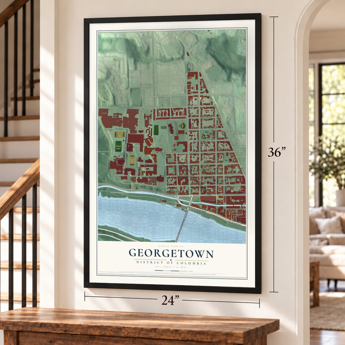 Georgetown, District of Columbia map, 24 x 36 inch print in a black frame by a staircase