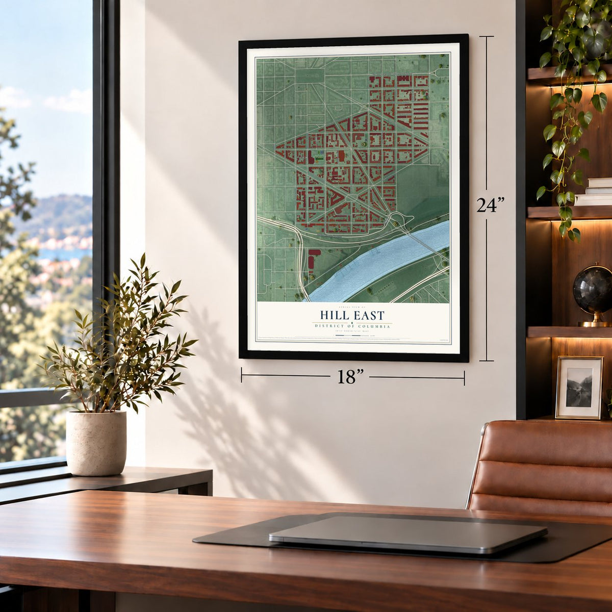 Hill East, District of Columbia map, 18 x 24 inch print in a black frame in a home office