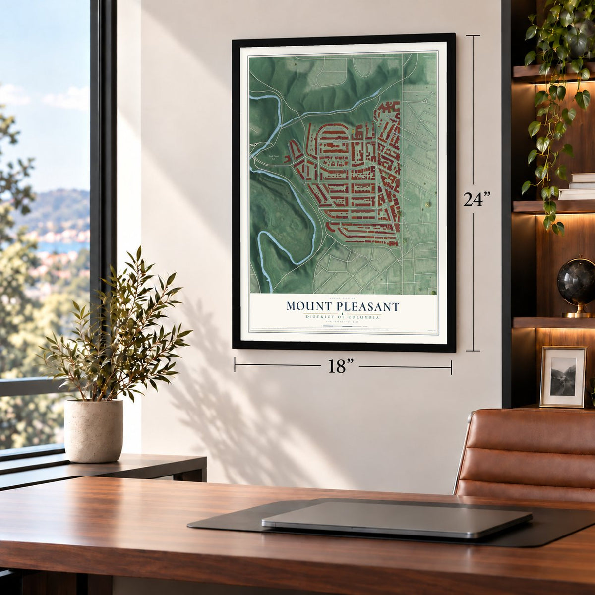 Mount Pleasant, District of Columbia map, 18 x 24 inch print in a black frame in a home office