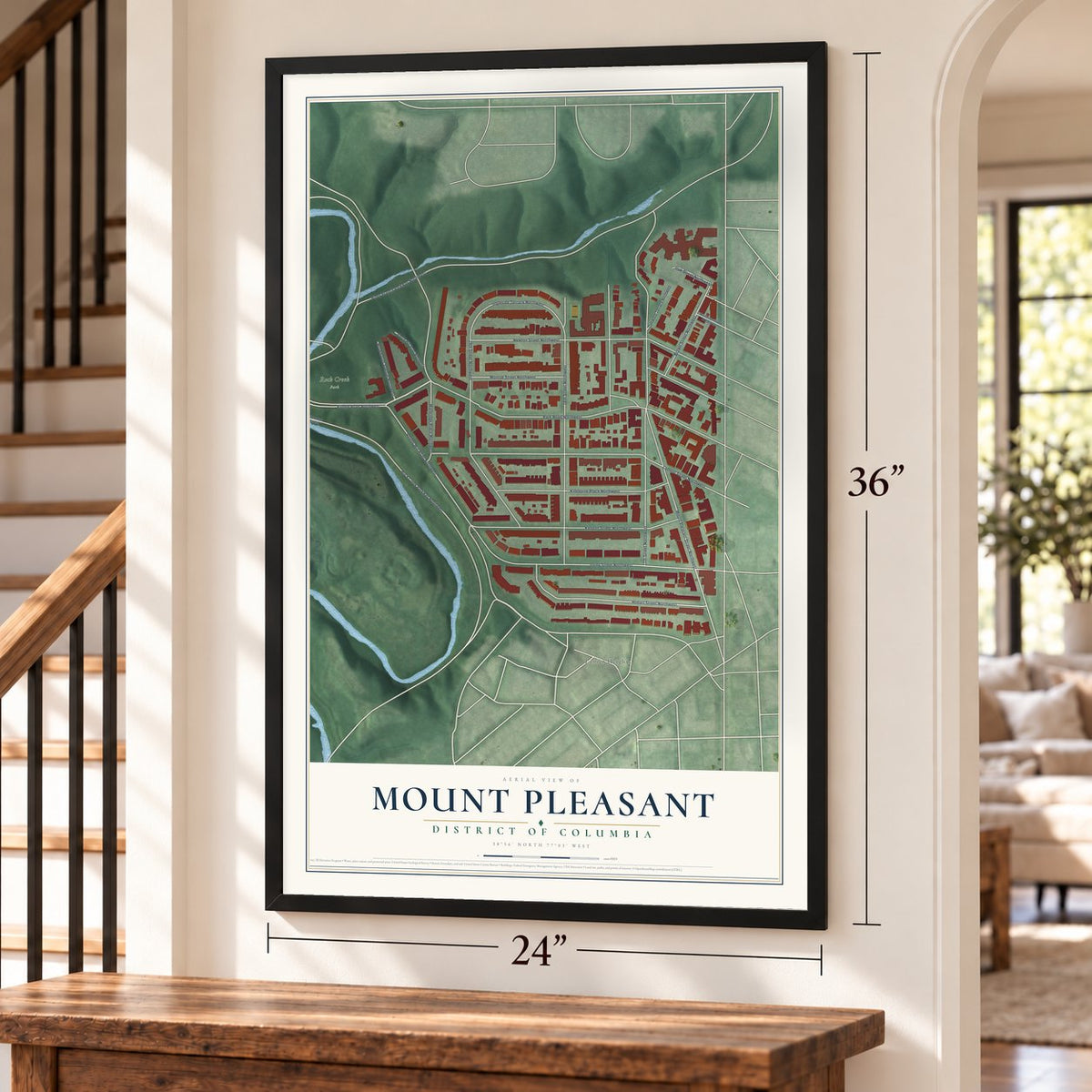 Mount Pleasant, District of Columbia map, 24 x 36 inch print in a black frame by a staircase