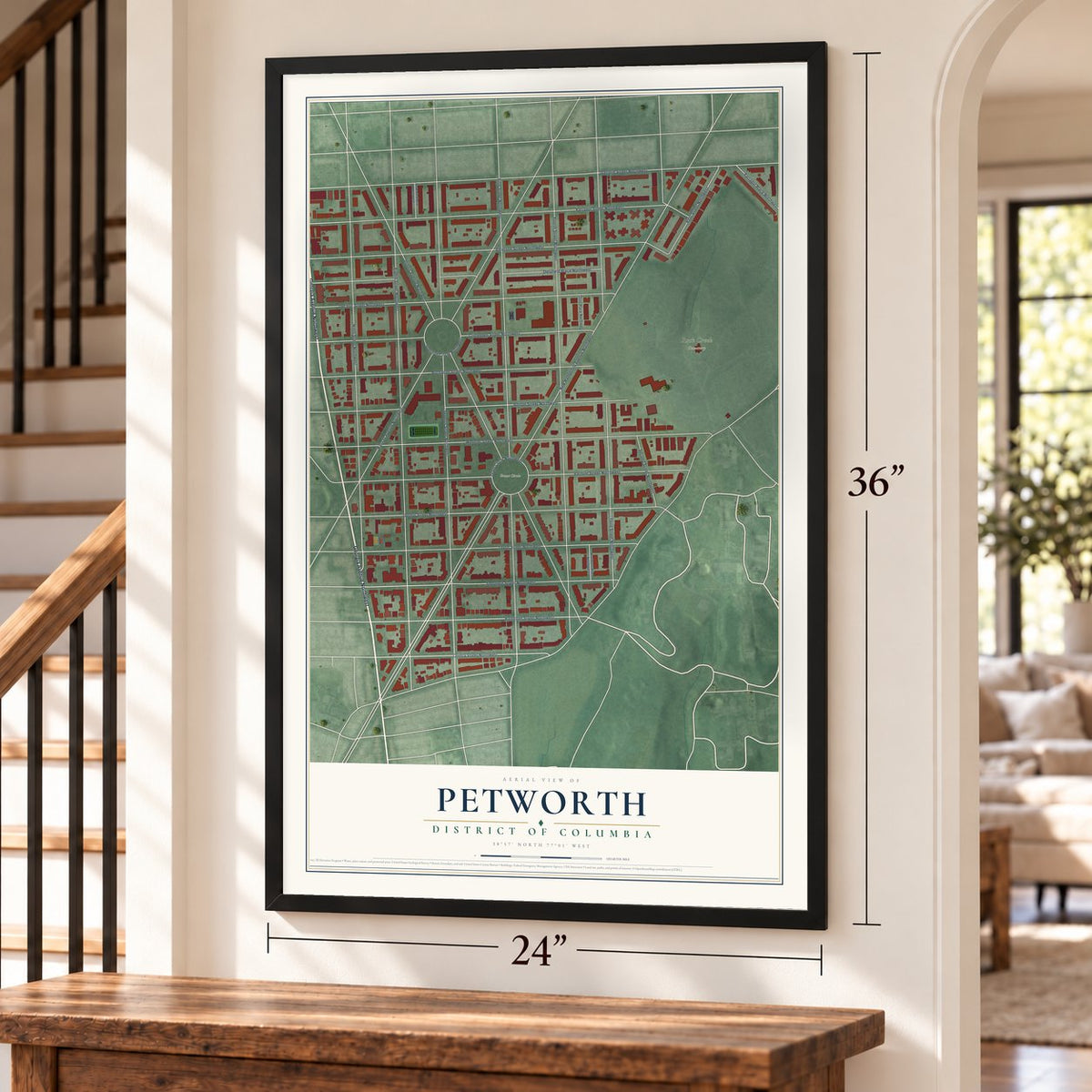 Petworth, District of Columbia map, 24 x 36 inch print in a black frame by a staircase