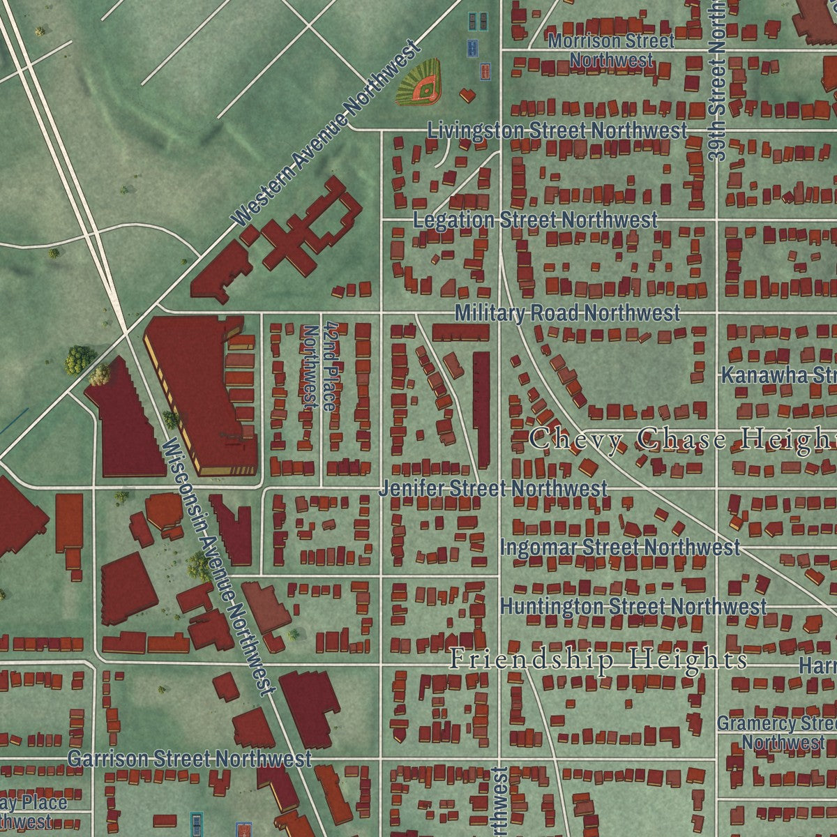 Close-up of the map of Tenleytown, District of Columbia print showing street and building detail