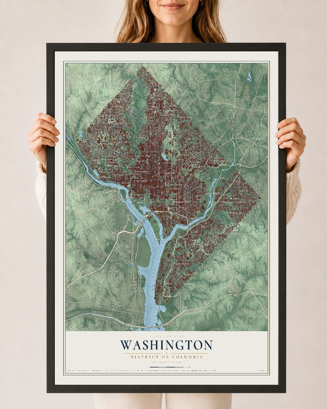 Map of Washington, District of Columbia, 24 x 36 inch print in a black wood frame