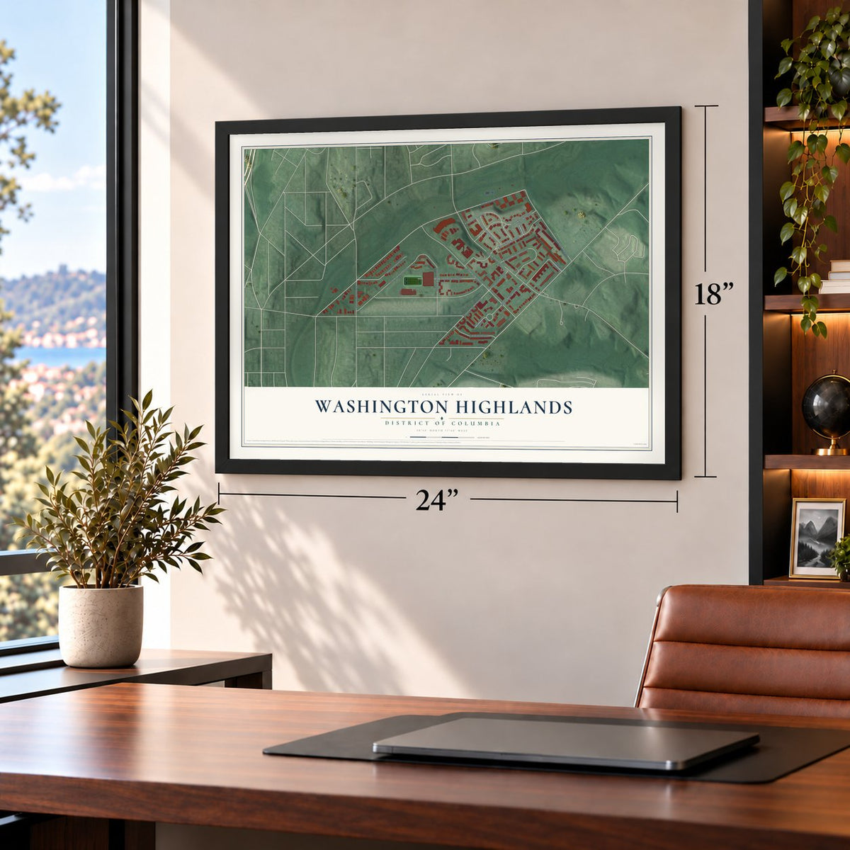 Washington Highlands, District of Columbia map, 18 x 24 inch print in a black frame in a home office