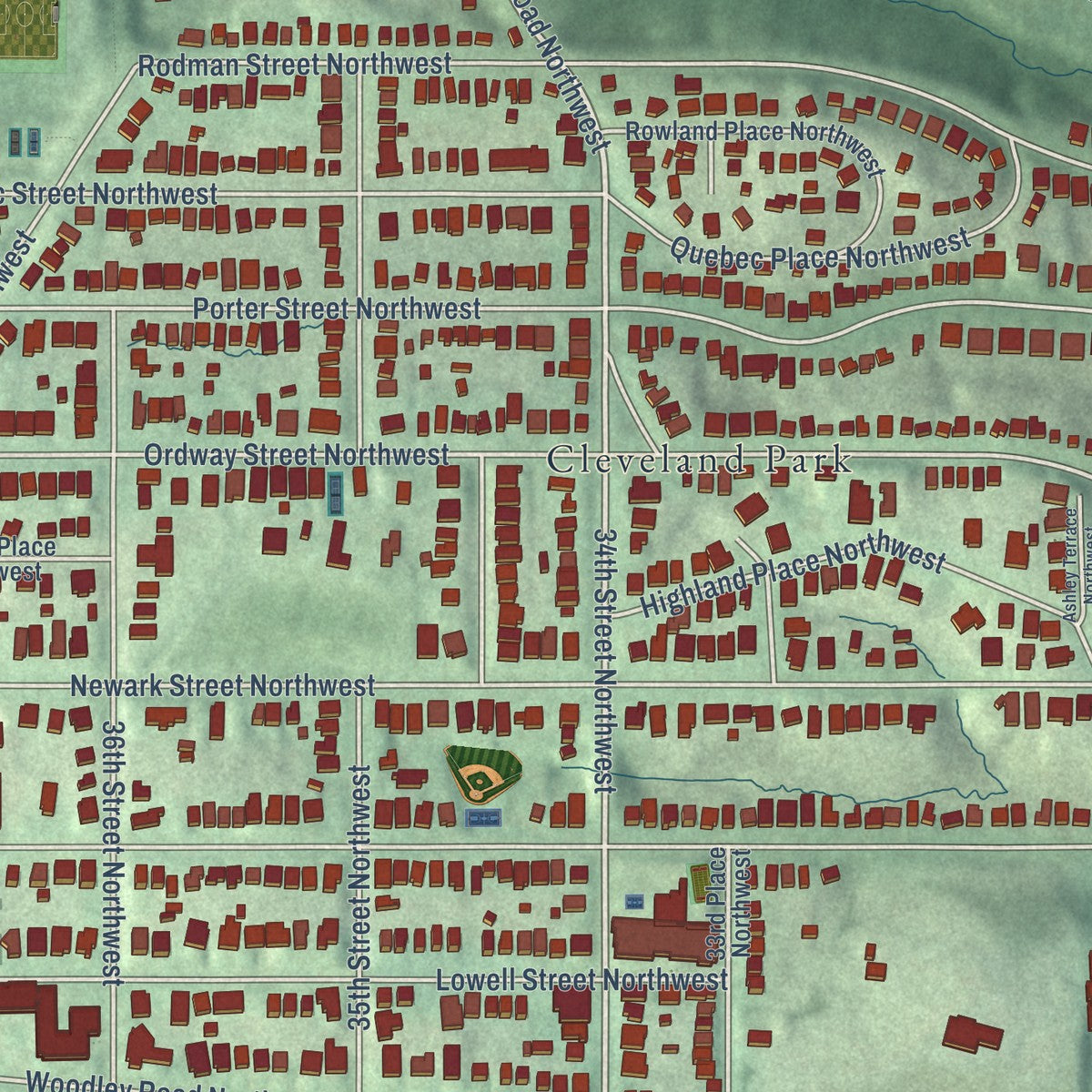 Close-up of the map of Woodley Park, District of Columbia print showing street and building detail