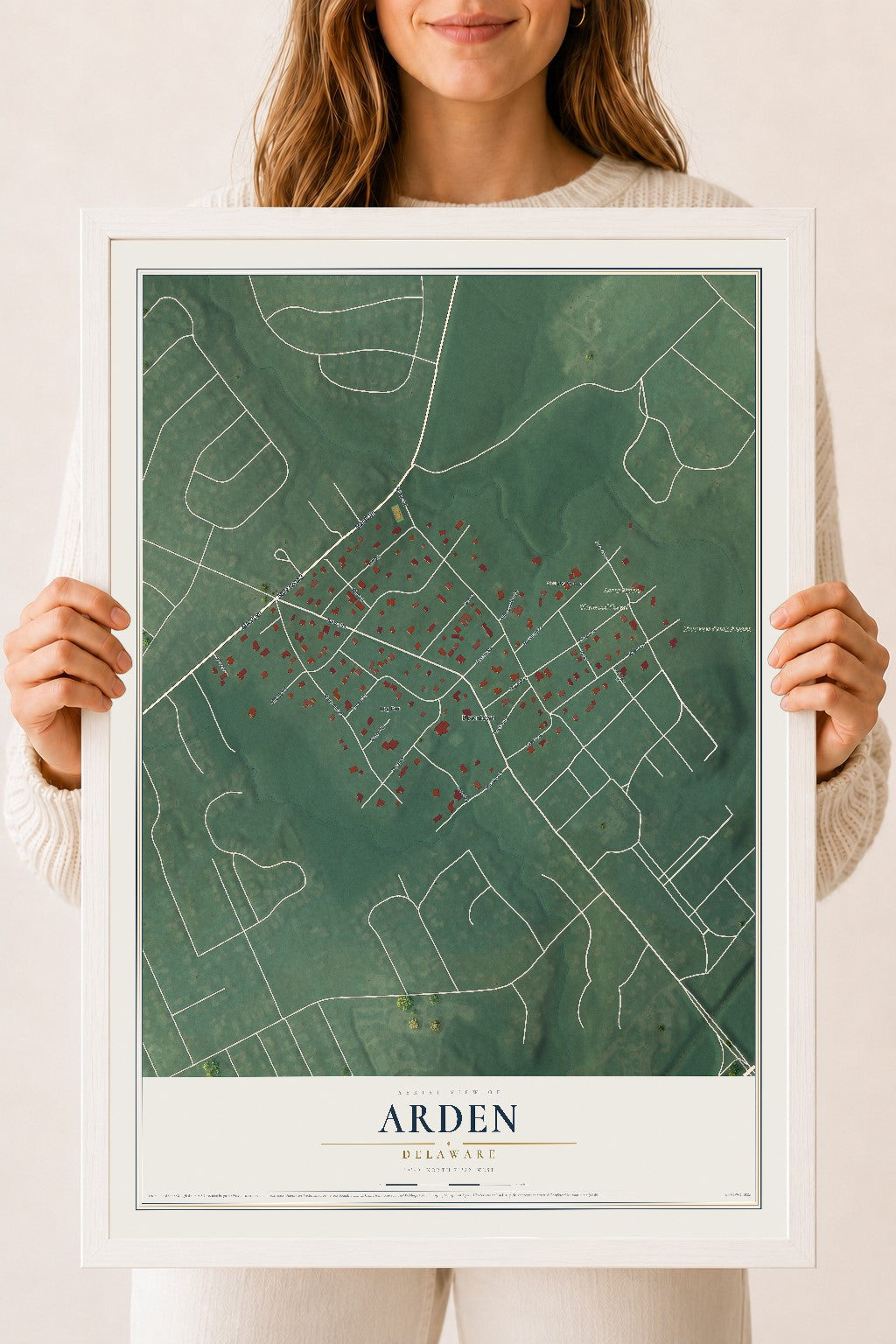 Map of Arden, Delaware, 18 x 24 inch print in a white wood frame