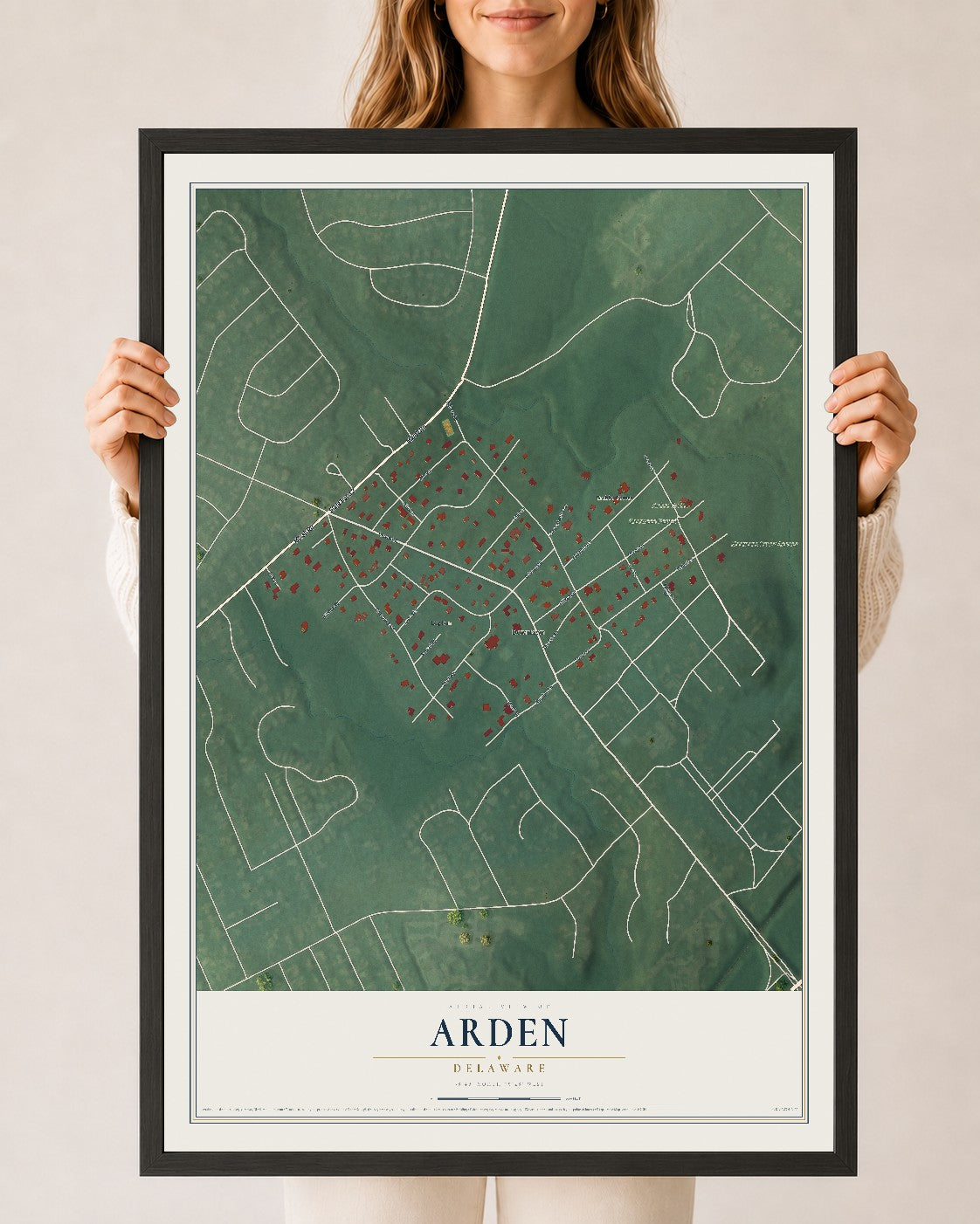 Map of Arden, Delaware, 24 x 36 inch print in a black wood frame