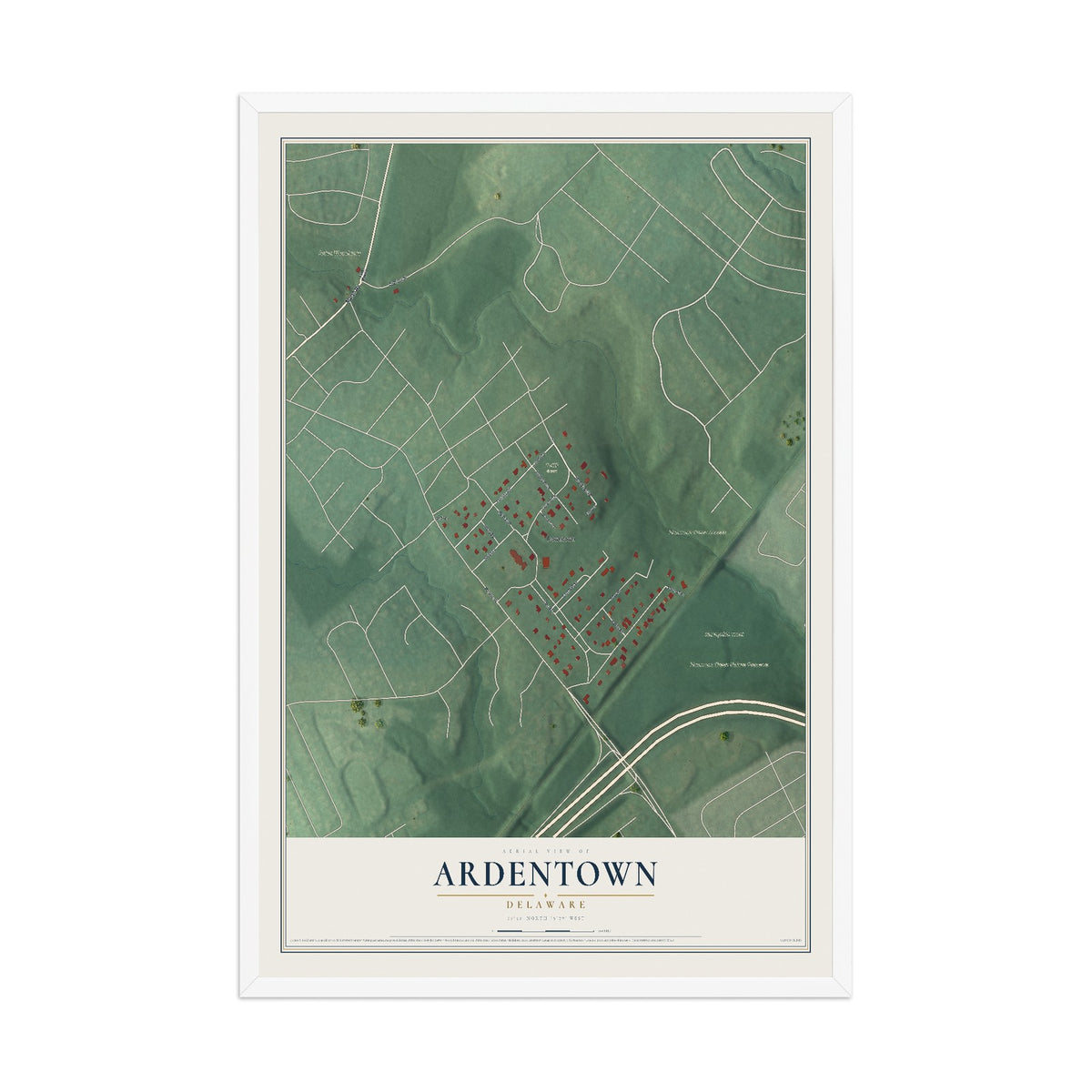 Map of Ardentown, Delaware, 12 x 18 inch print in a white wood frame