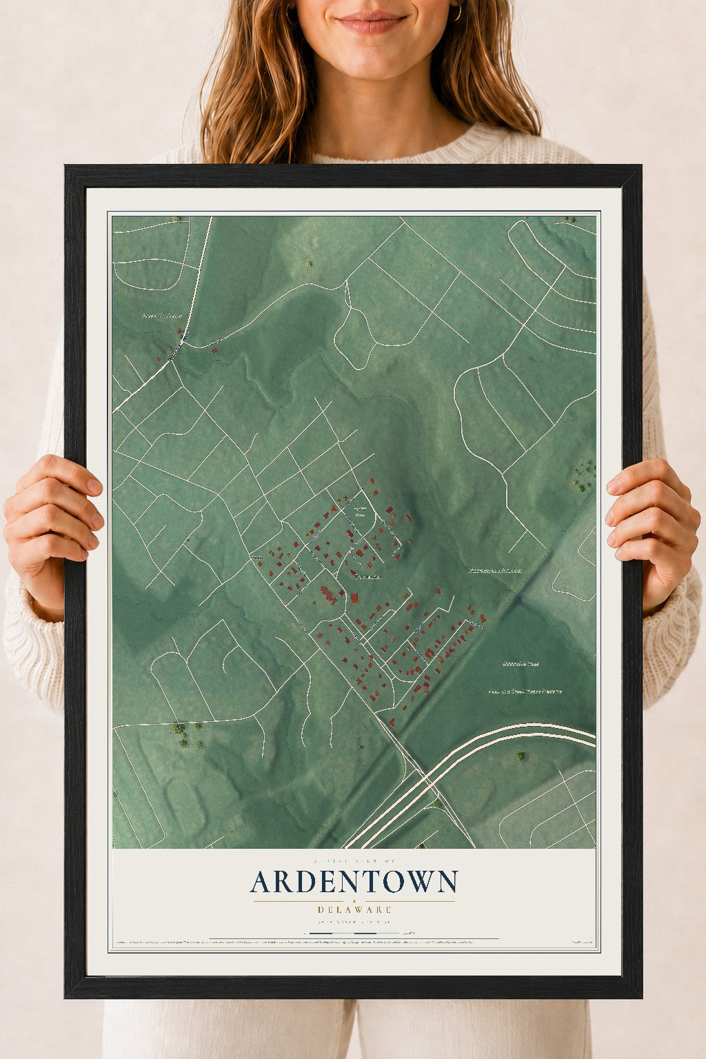 Map of Ardentown, Delaware, 18 x 24 inch print in a black wood frame