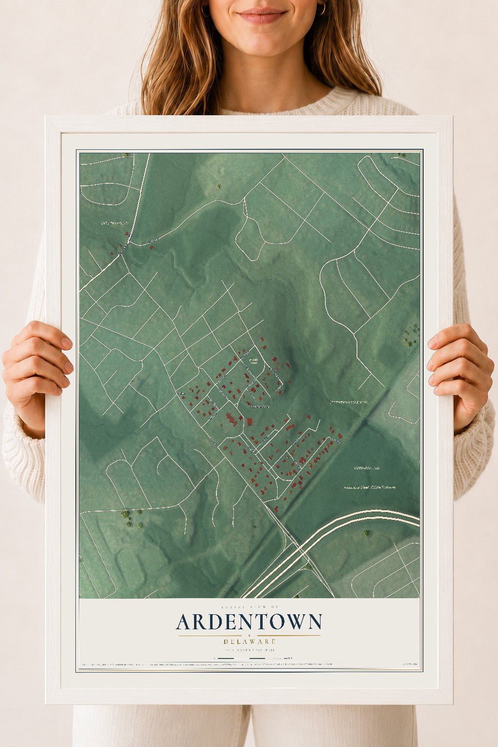 Map of Ardentown, Delaware, 18 x 24 inch print in a white wood frame