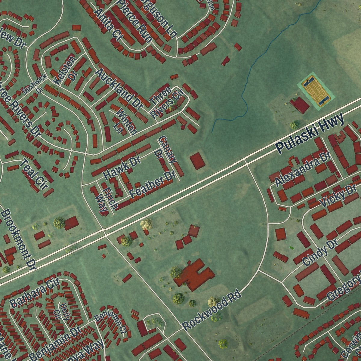Close-up of the map of Bear, Delaware print showing street and building detail