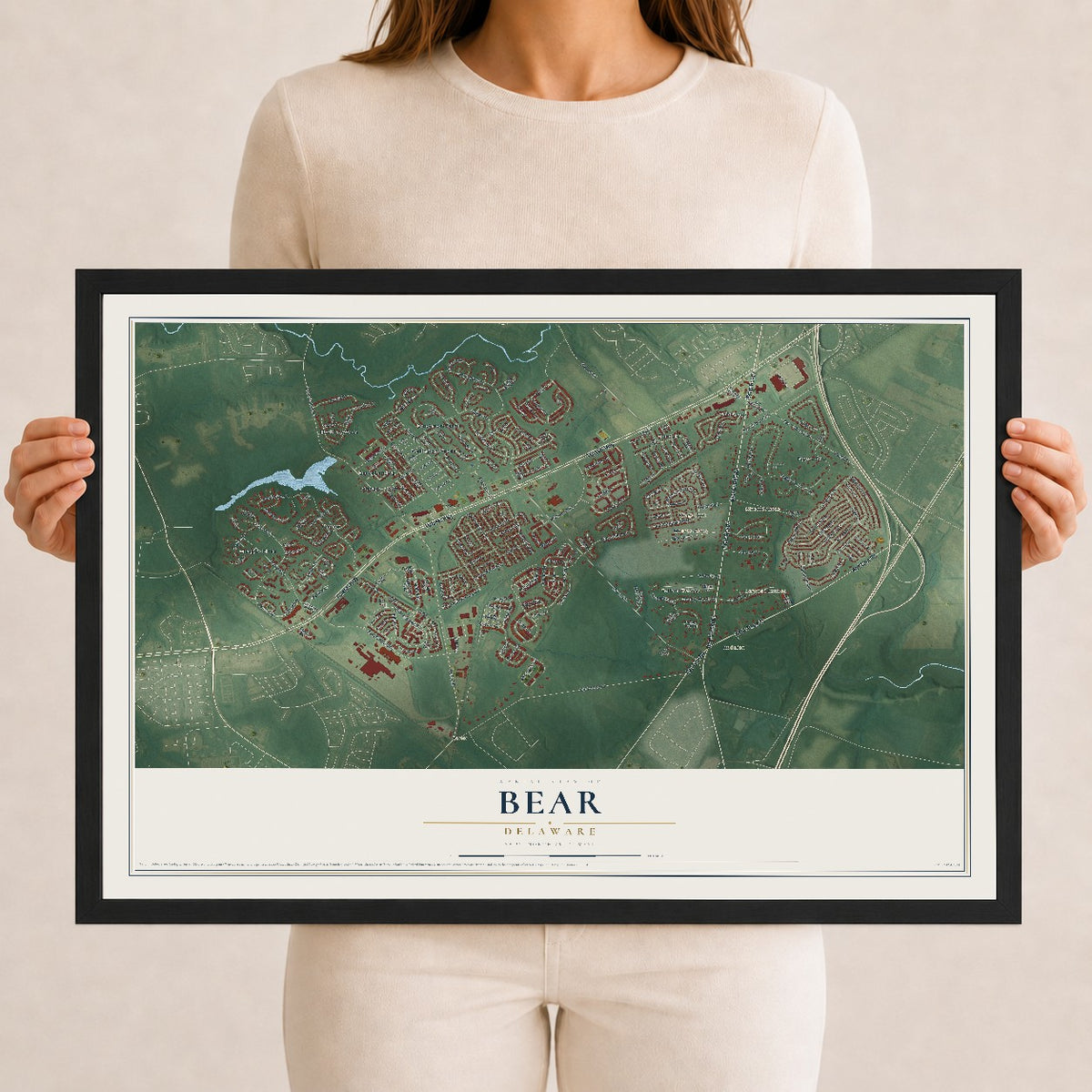 Map of Bear, Delaware, 12 x 18 inch print in a black wood frame