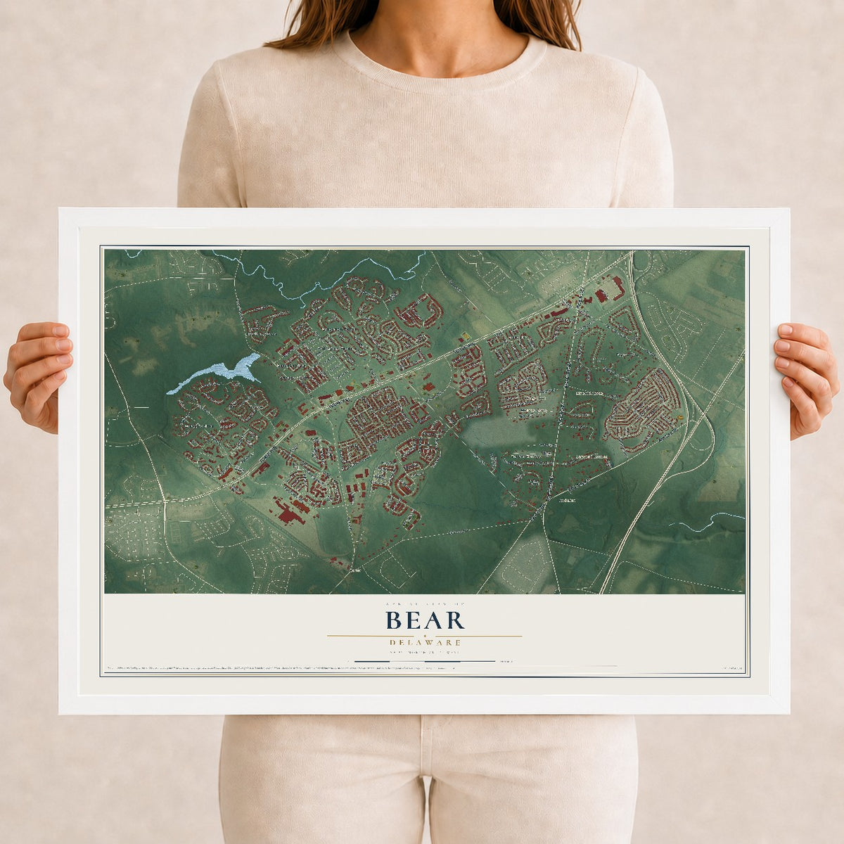 Map of Bear, Delaware, 12 x 18 inch print in a white wood frame