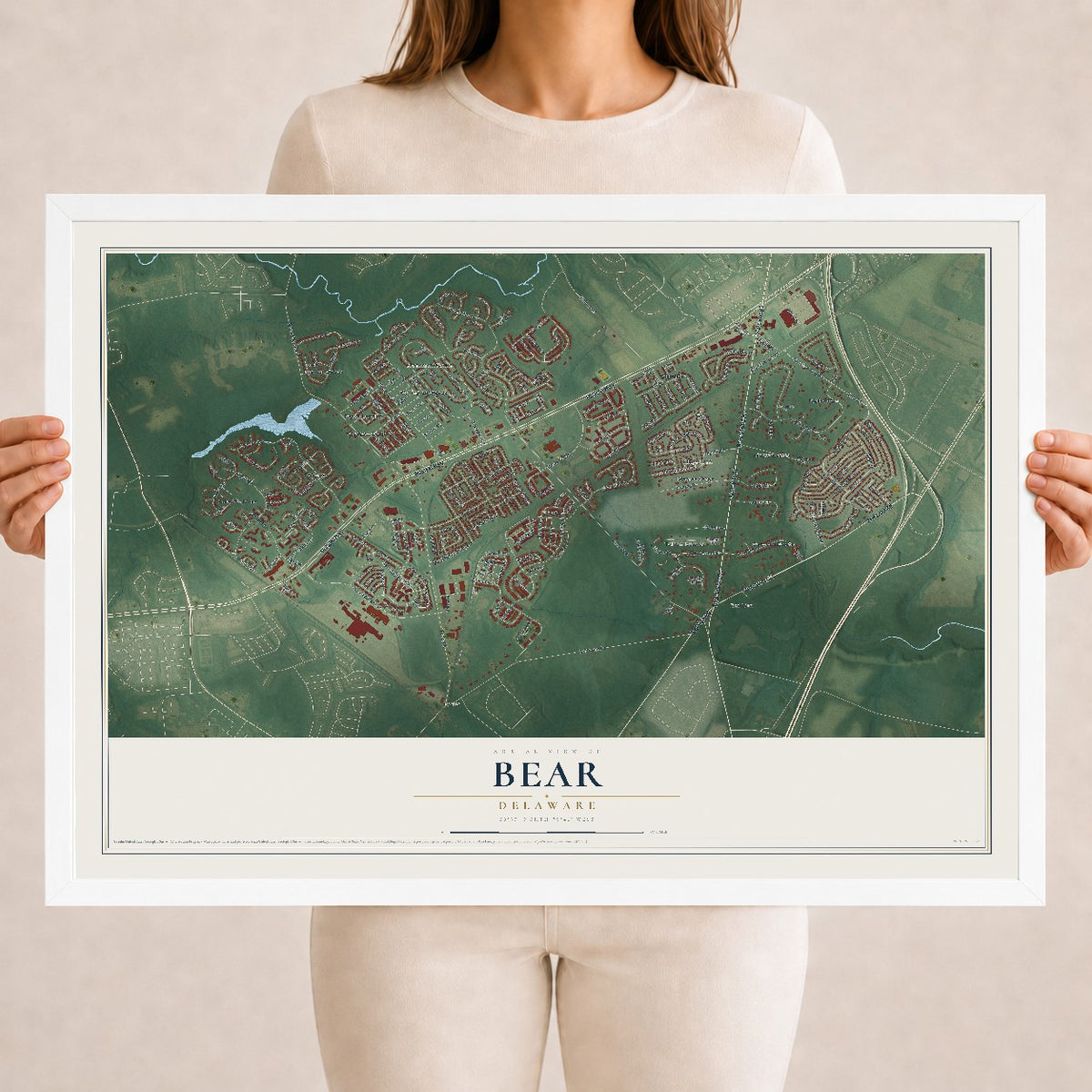 Map of Bear, Delaware, 18 x 24 inch print in a white wood frame