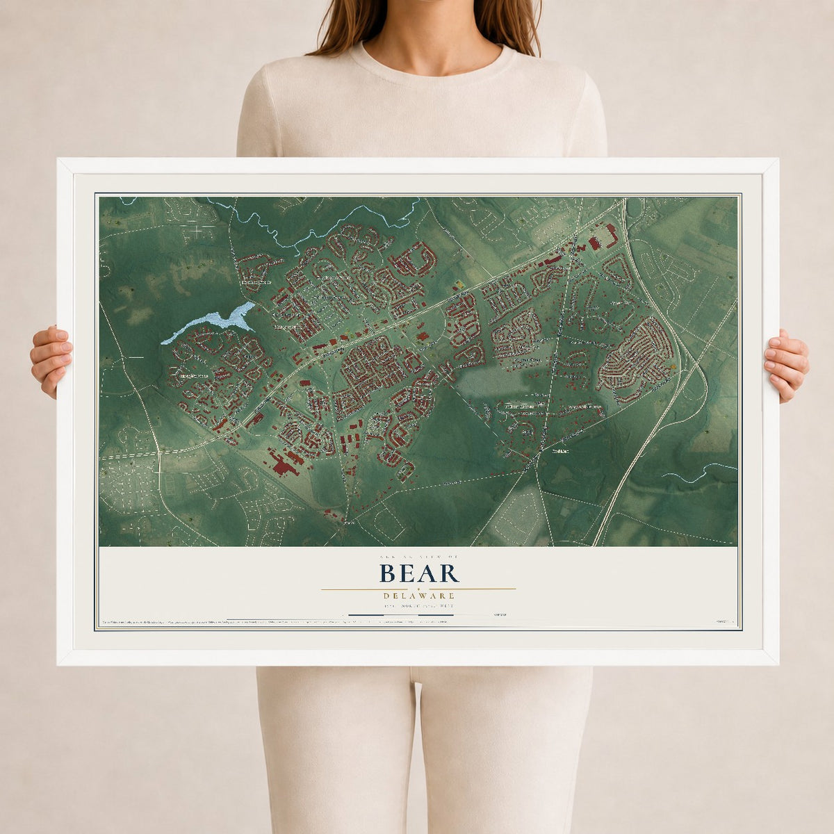 Map of Bear, Delaware, 24 x 36 inch print in a white wood frame