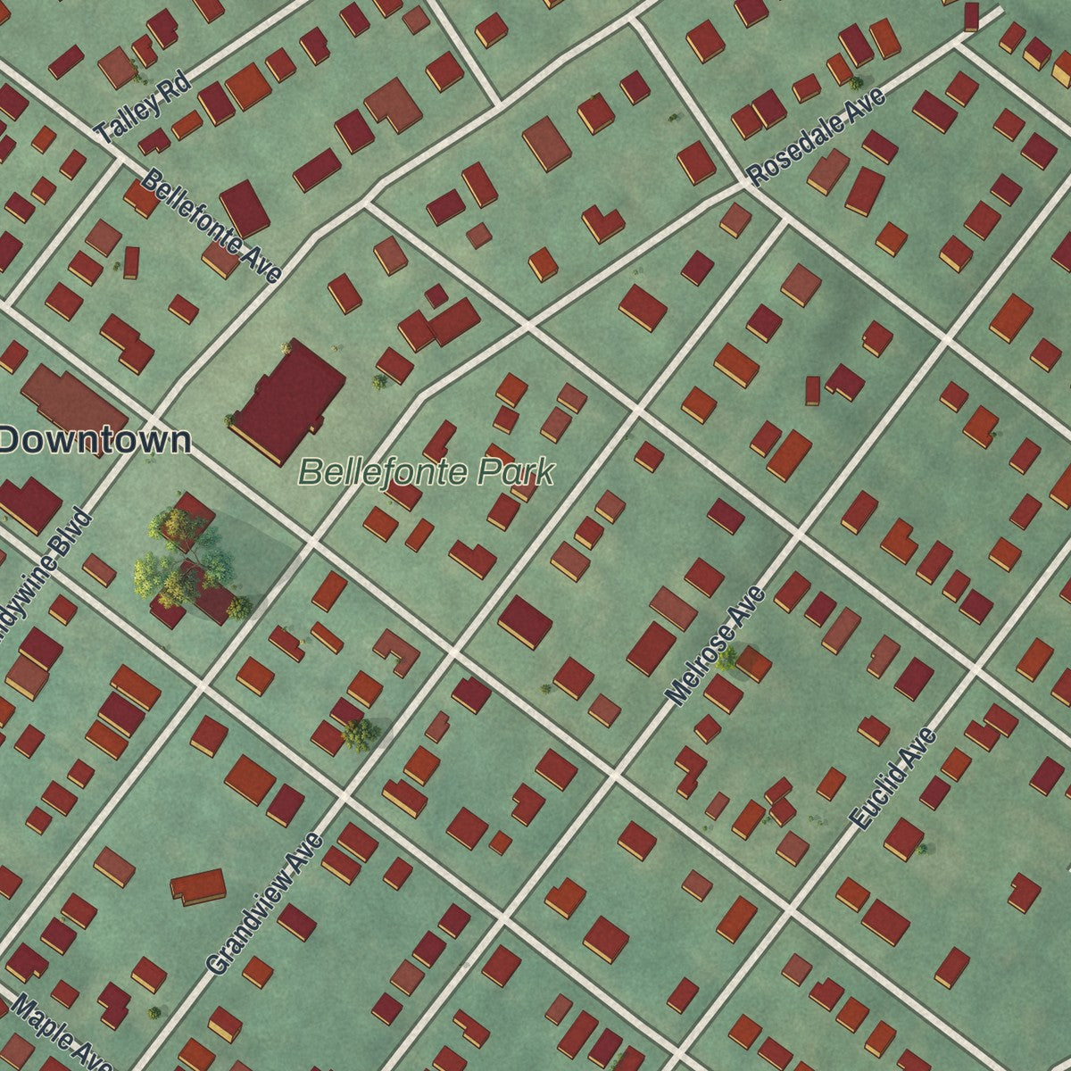 Close-up of the map of Bellefonte, Delaware print showing street and building detail