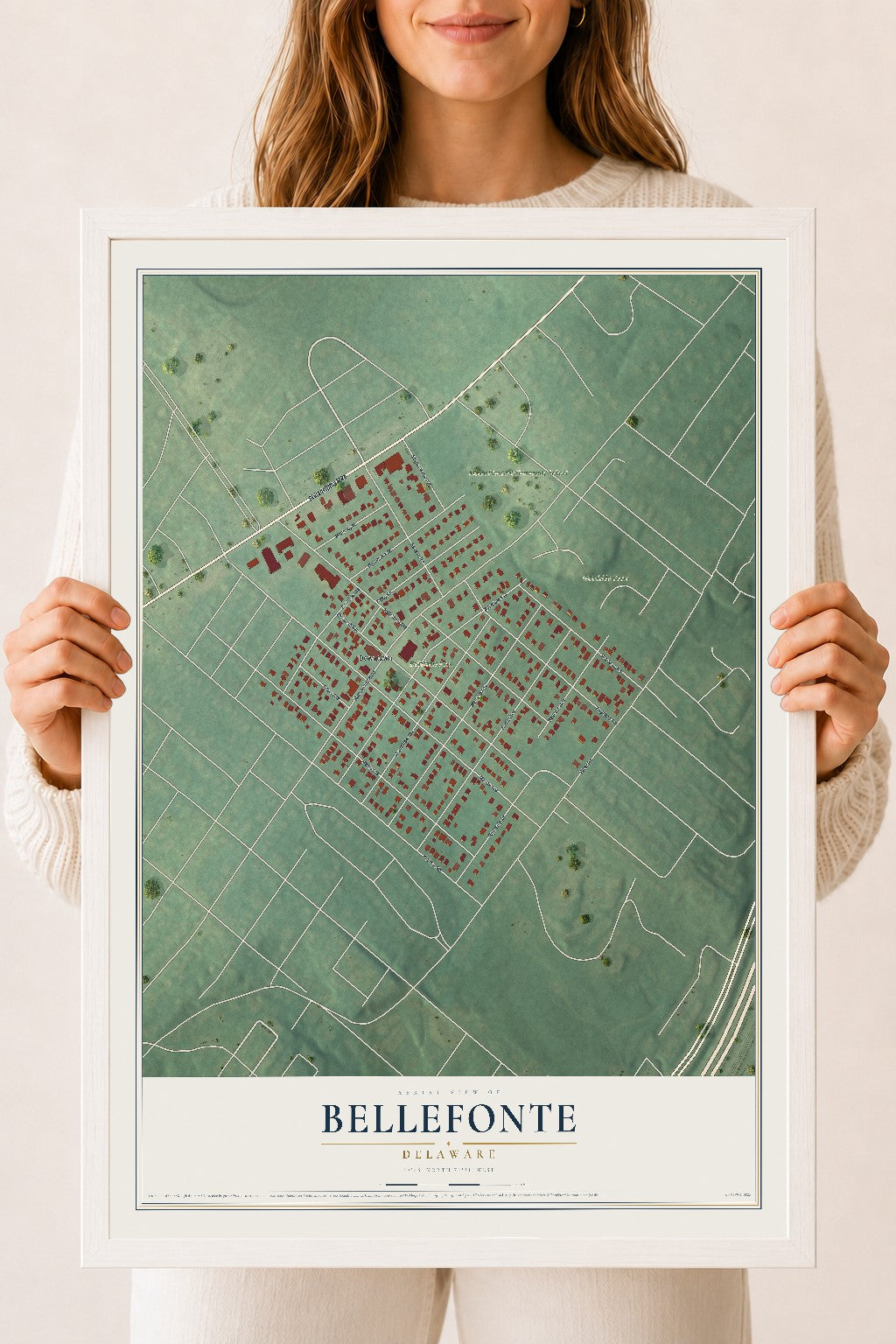 Map of Bellefonte, Delaware, 18 x 24 inch print in a white wood frame