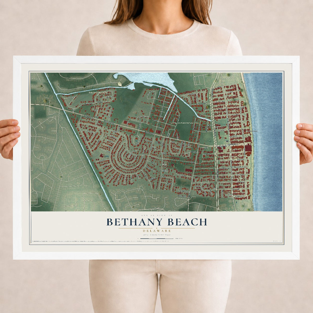 Map of Bethany Beach, Delaware, 18 x 24 inch print in a white wood frame