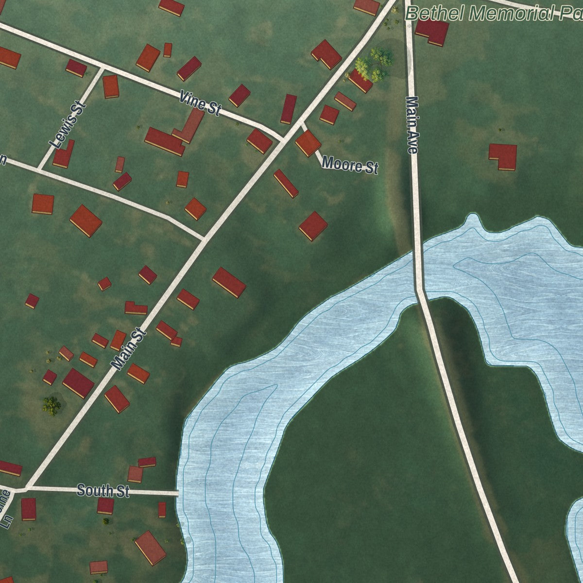 Close-up of the map of Bethel, Delaware print showing street and building detail