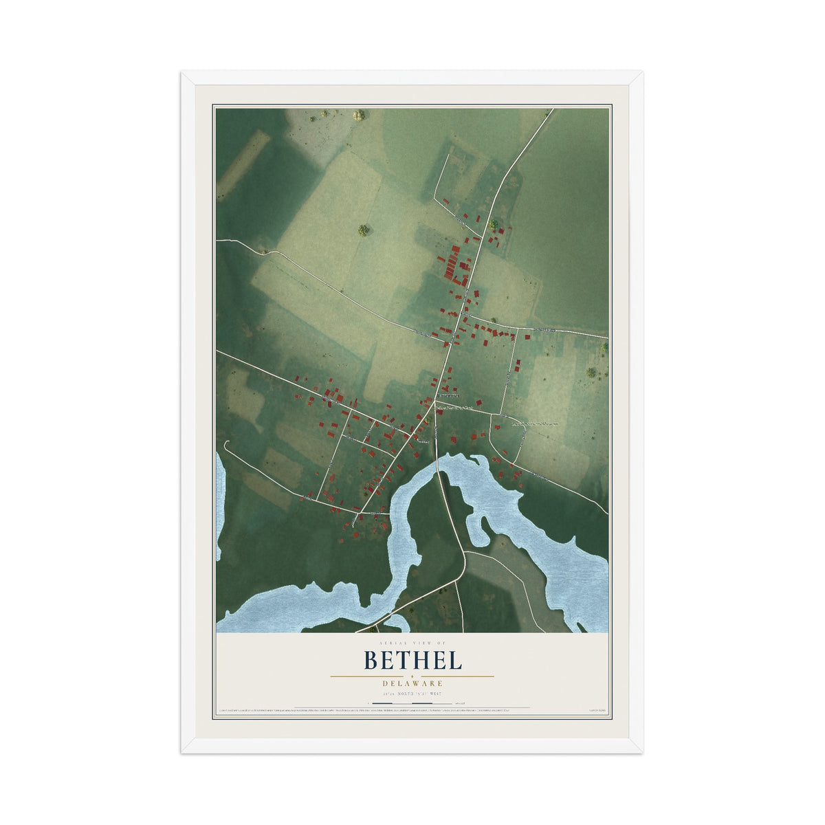 Map of Bethel, Delaware, 12 x 18 inch print in a white wood frame