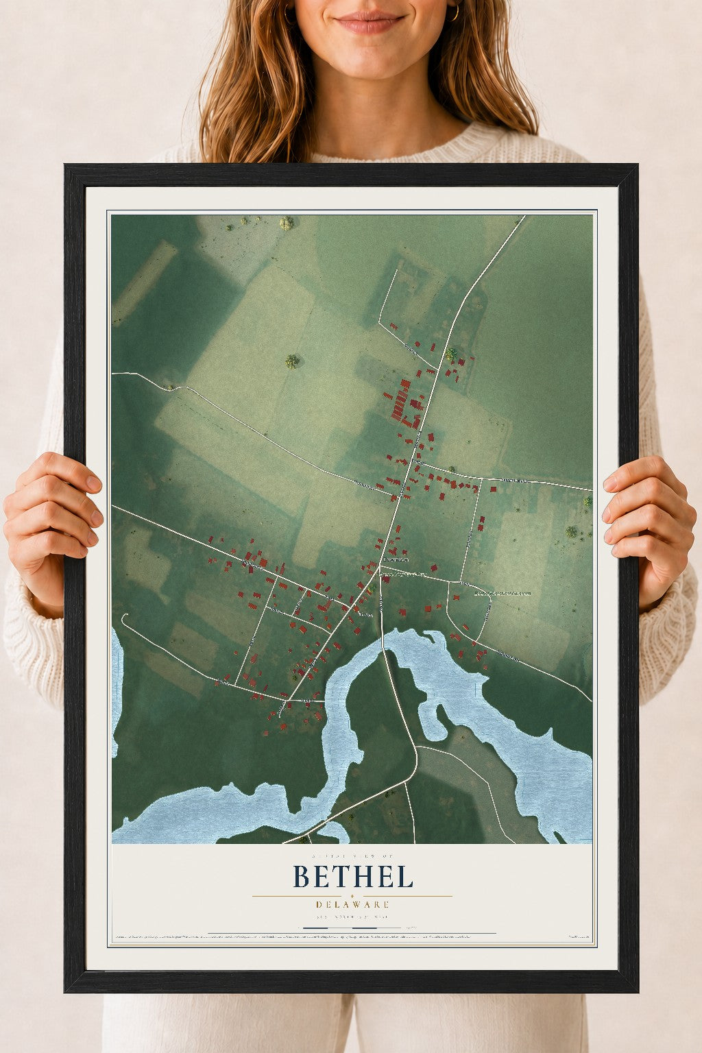 Map of Bethel, Delaware, 18 x 24 inch print in a black wood frame