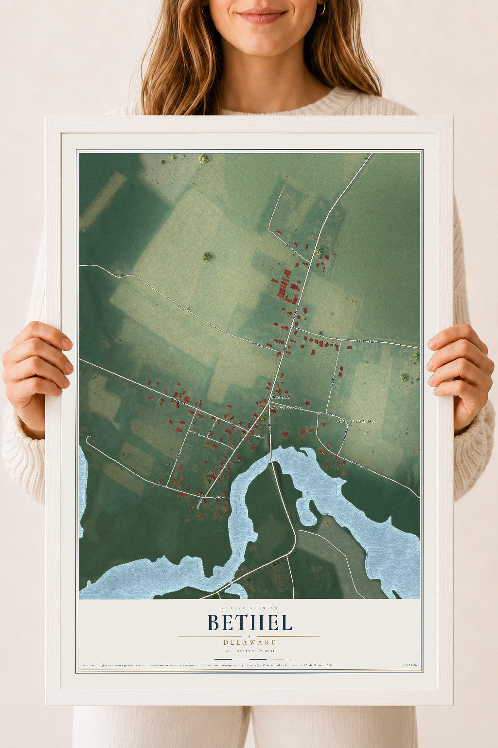 Map of Bethel, Delaware, 18 x 24 inch print in a white wood frame