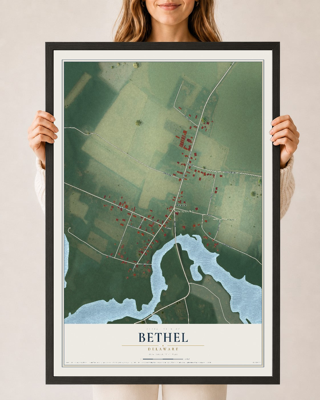 Map of Bethel, Delaware, 24 x 36 inch print in a black wood frame
