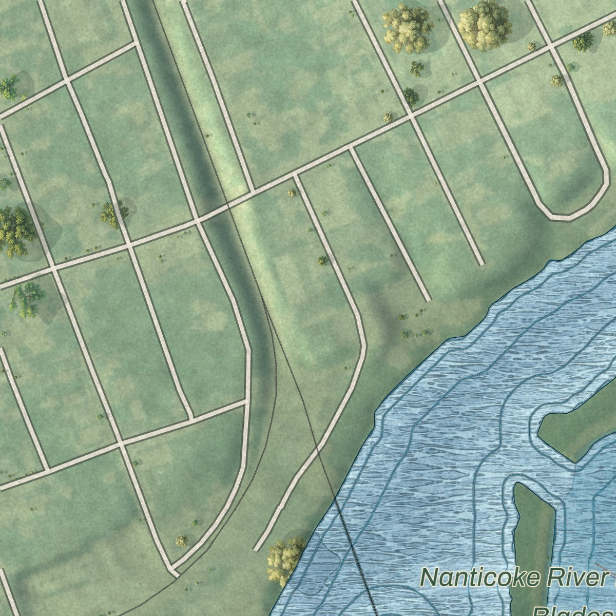 Second close-up of the map of Blades, Delaware print showing more streets and buildings