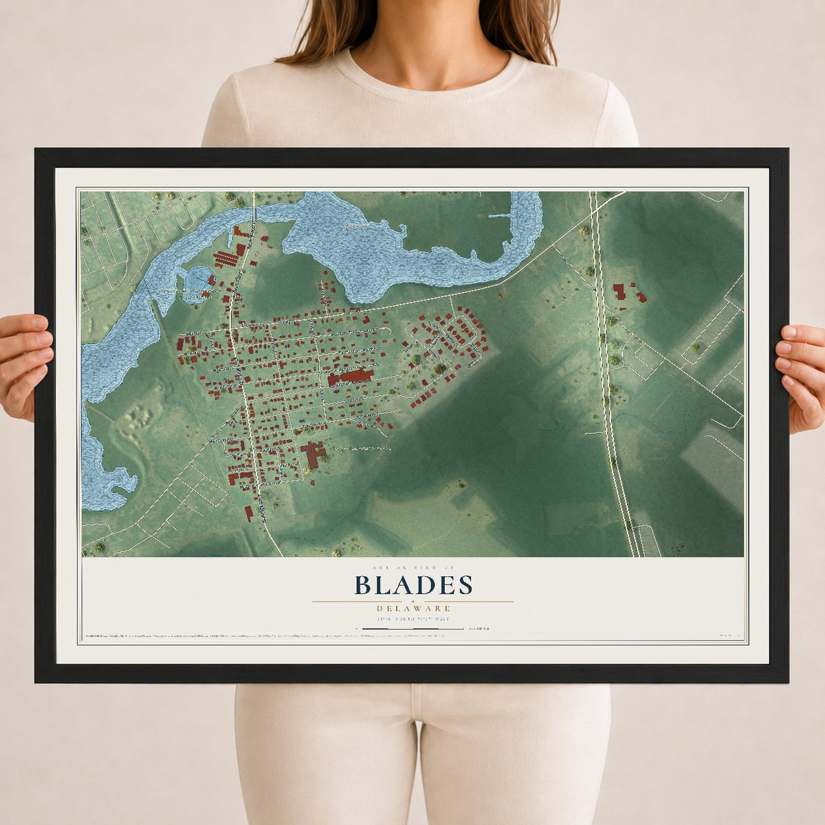 Map of Blades, Delaware, 18 x 24 inch print in a black wood frame