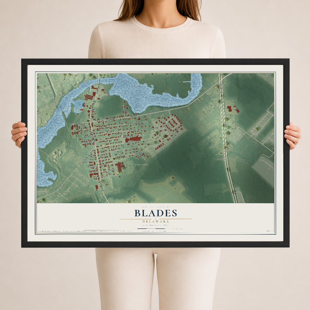 Map of Blades, Delaware, 24 x 36 inch print in a black wood frame