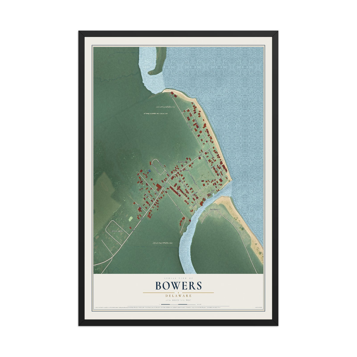 Map of Bowers, Delaware, 12 x 18 inch print in a black wood frame
