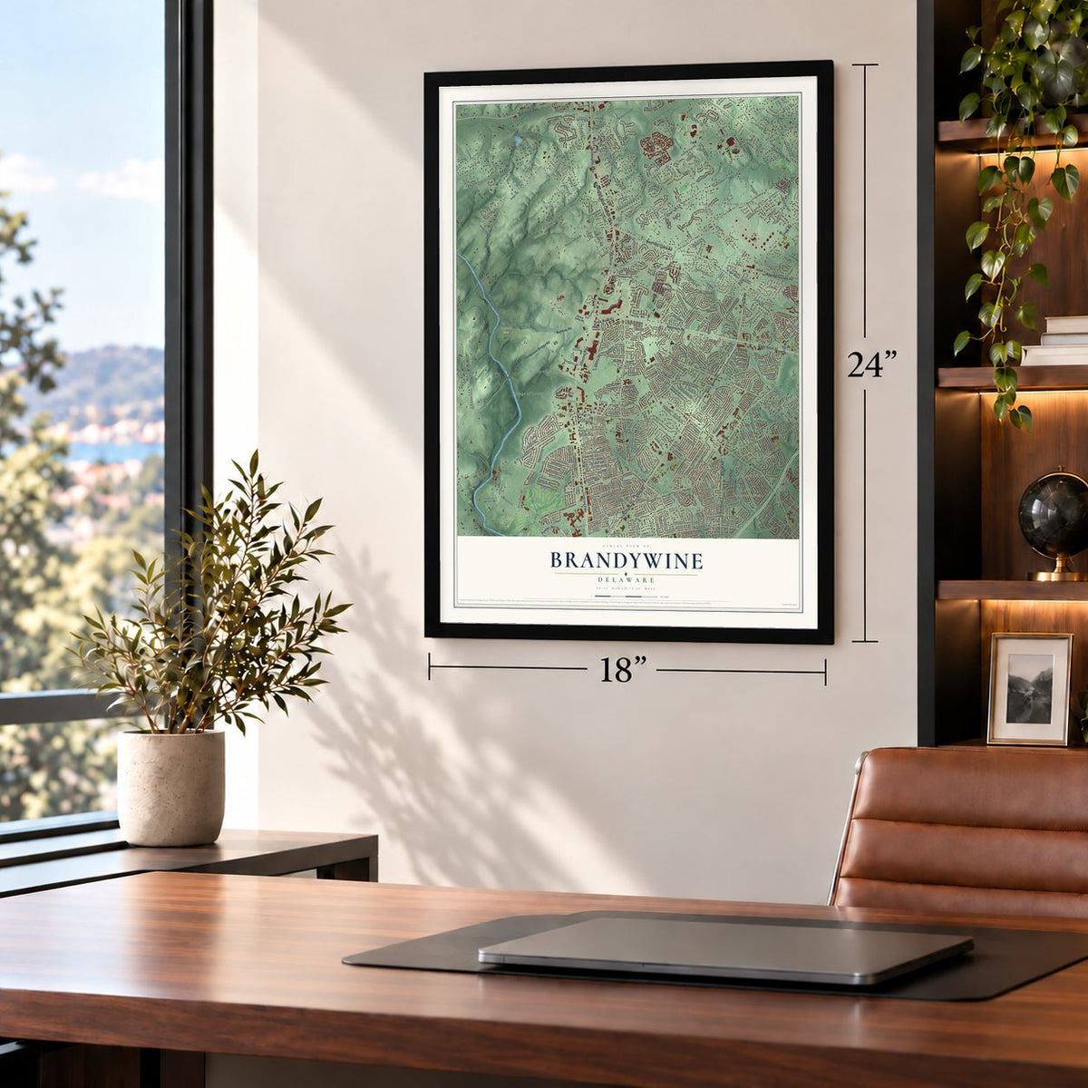 Brandywine, Delaware map, 18 x 24 inch print in a black frame in a home office
