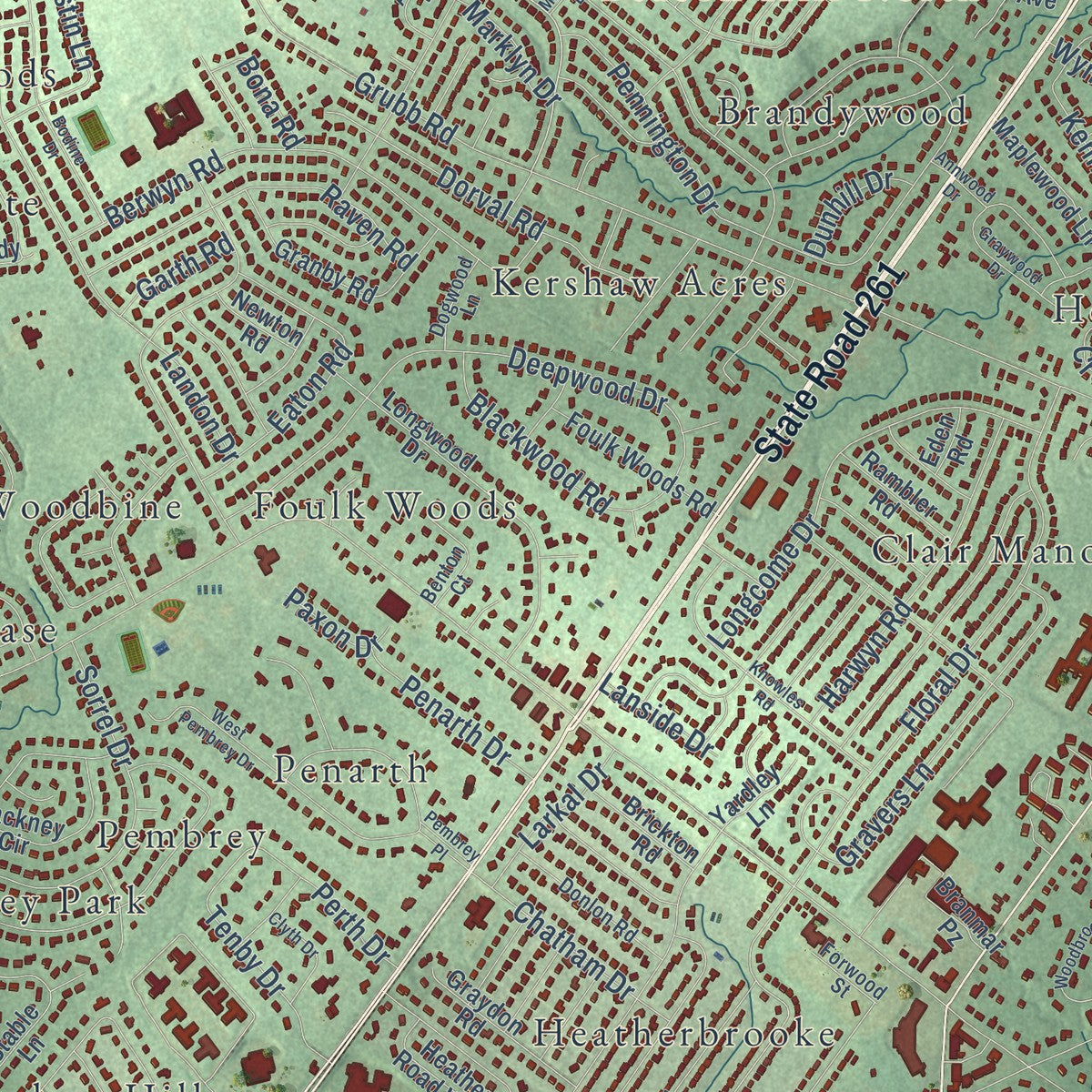 Close-up of the map of Brandywine, Delaware print showing street and building detail