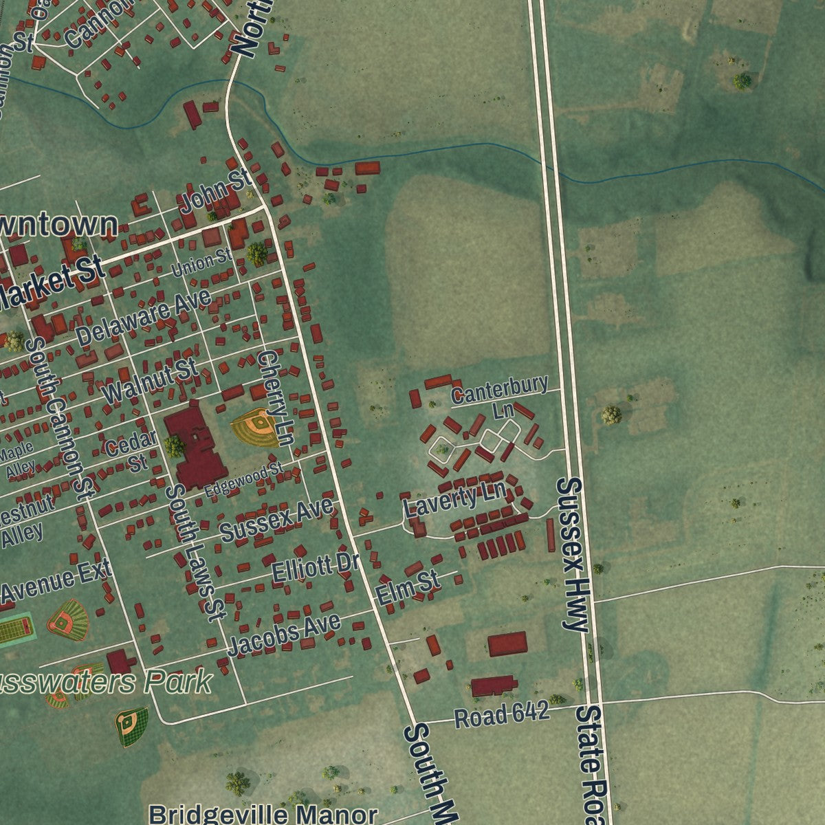 Close-up of the map of Bridgeville, Delaware print showing street and building detail