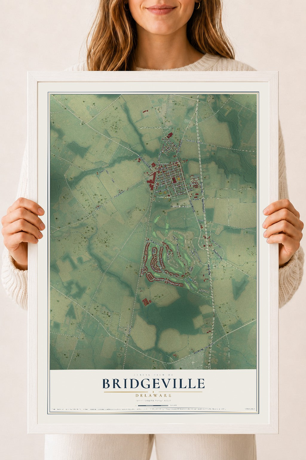 Map of Bridgeville, Delaware, 18 x 24 inch print in a white wood frame