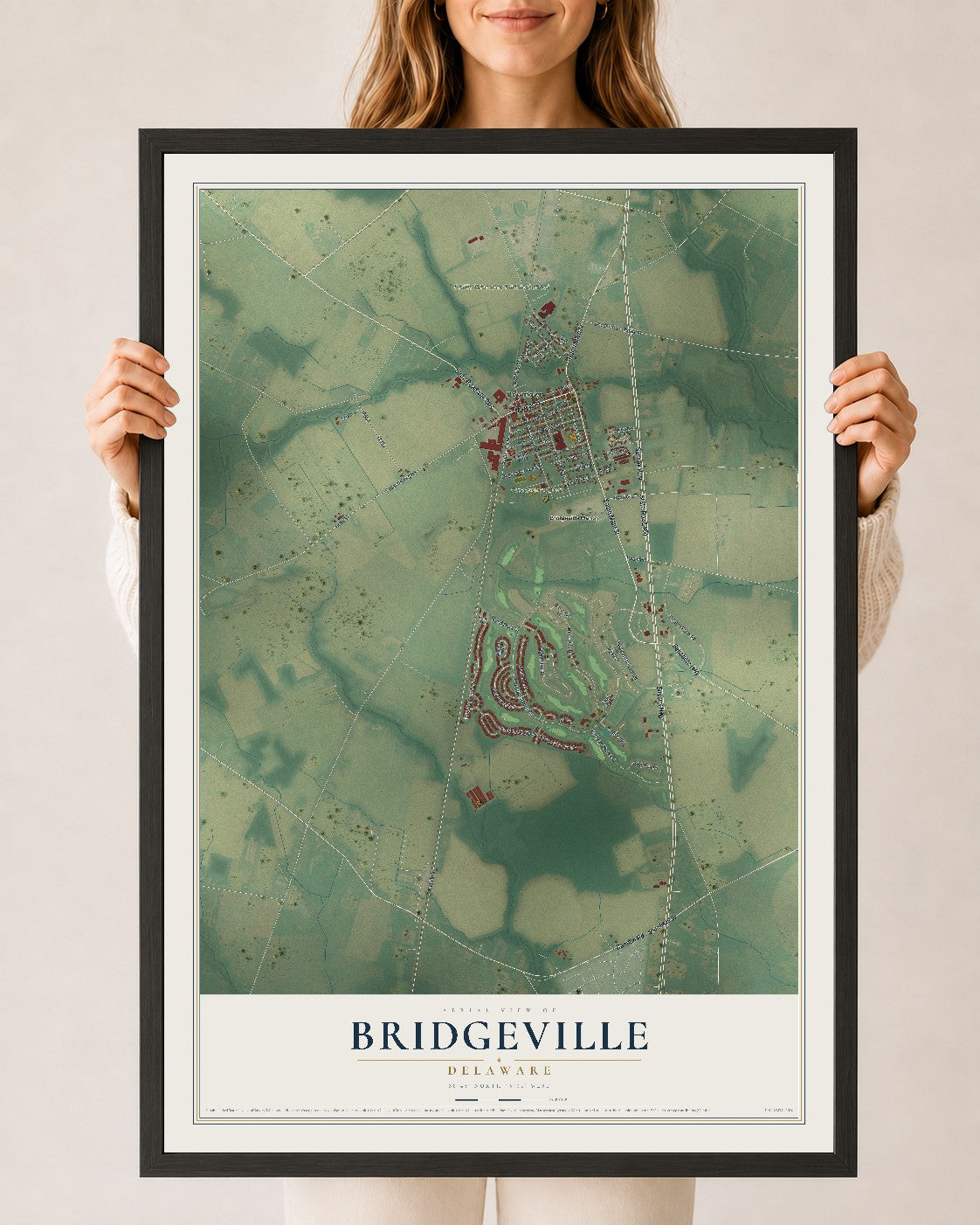 Map of Bridgeville, Delaware, 24 x 36 inch print in a black wood frame