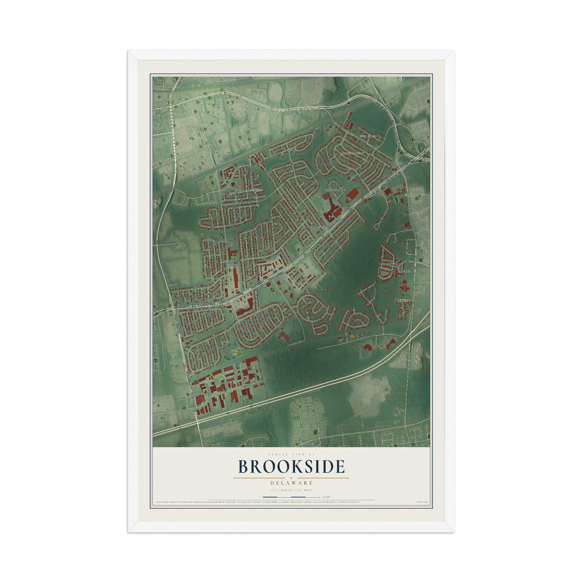 Map of Brookside, Delaware, 12 x 18 inch print in a white wood frame
