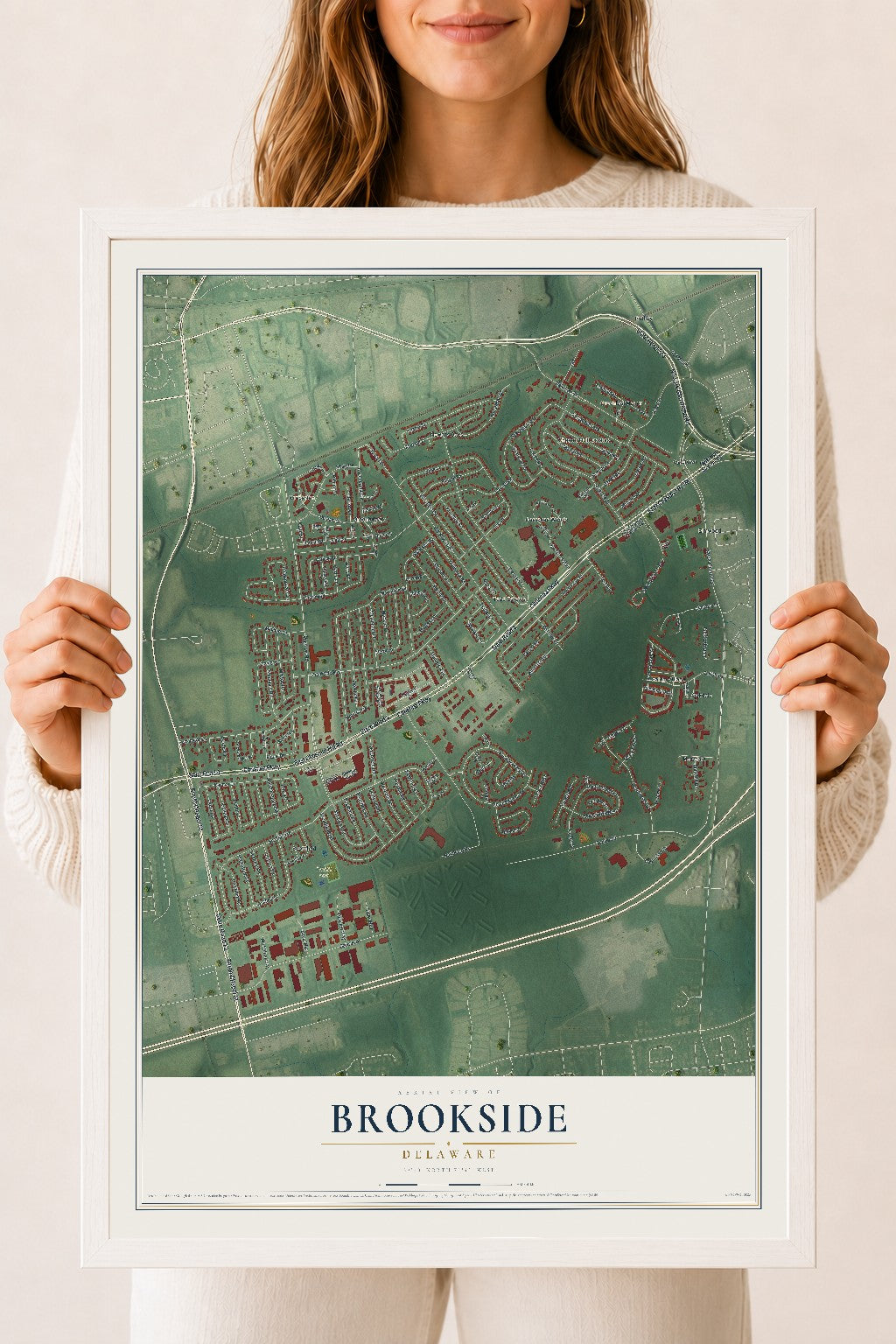 Map of Brookside, Delaware, 18 x 24 inch print in a white wood frame