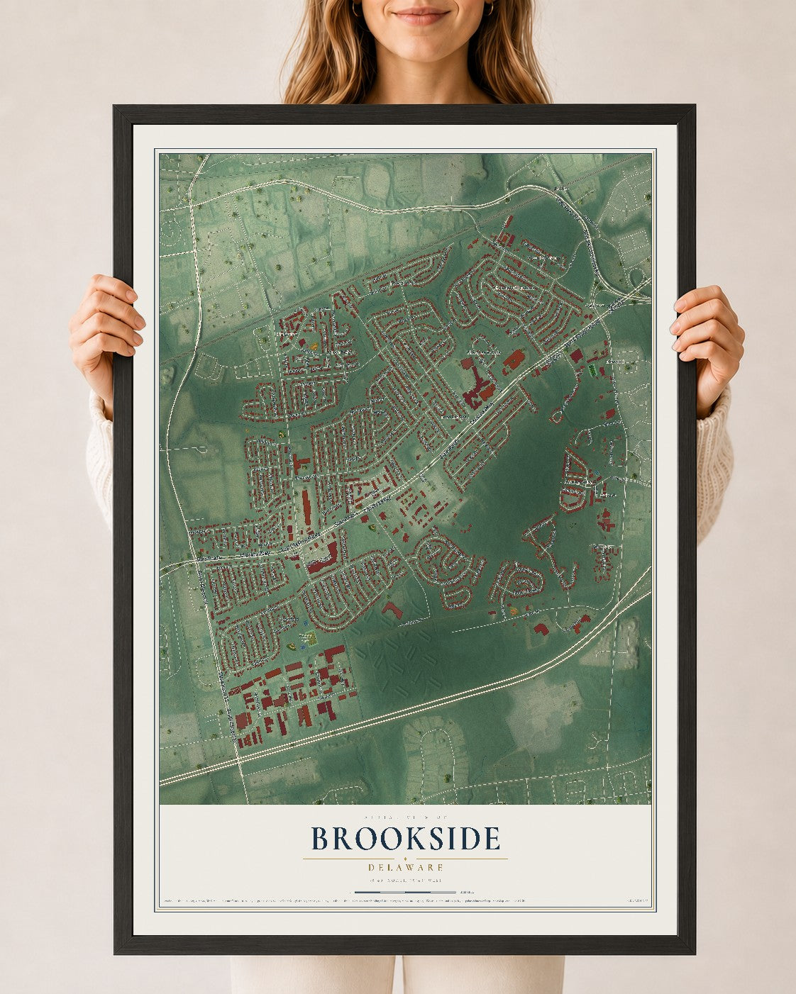 Map of Brookside, Delaware, 24 x 36 inch print in a black wood frame