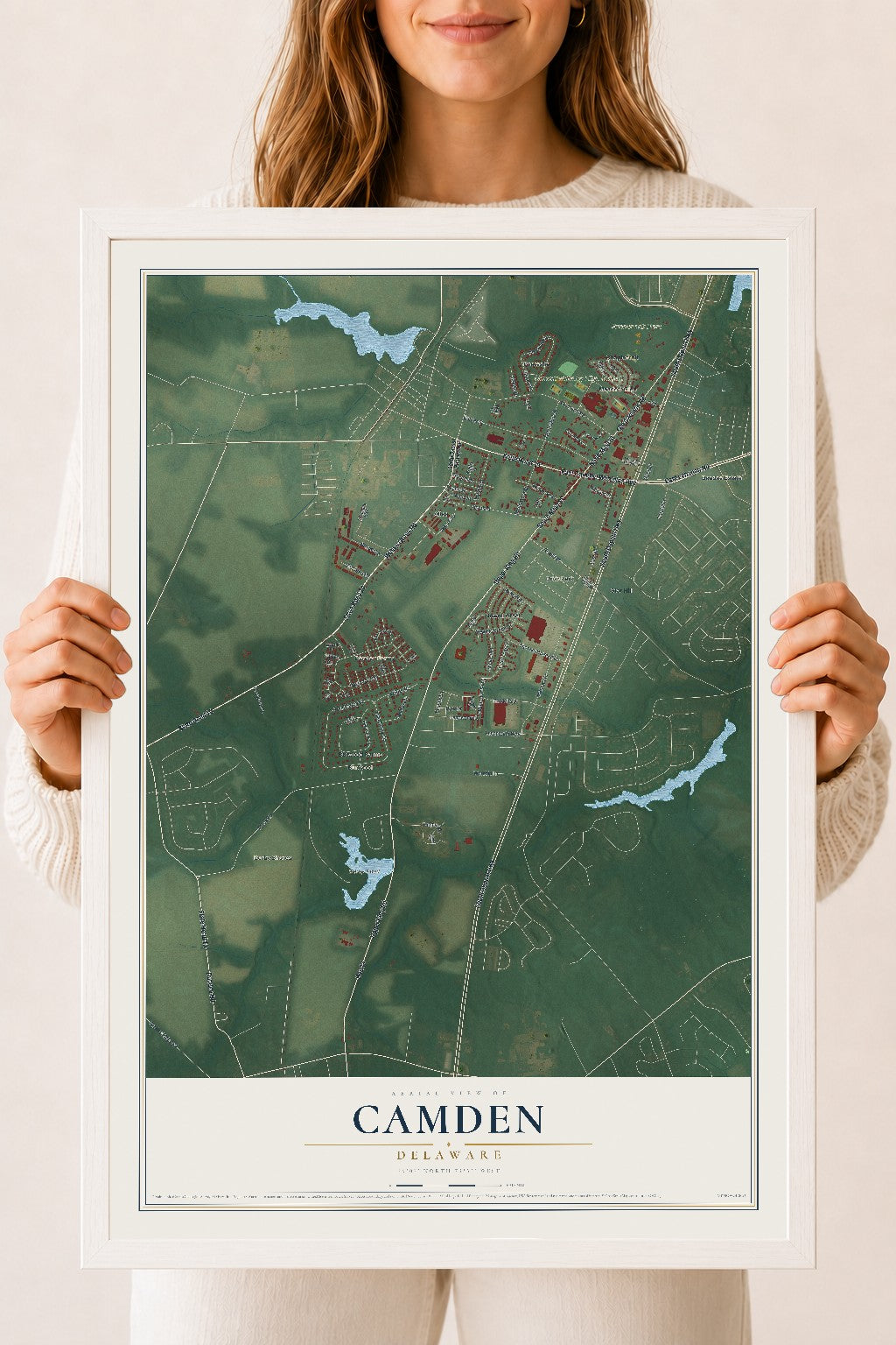 Map of Camden, Delaware, 18 x 24 inch print in a white wood frame